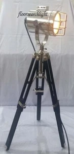 WOODEN TRIPOD STAND STUDIO TABLE LAMP NAUTICAL MARINE CHROME SEARCHLIGHT - Picture 1 of 9