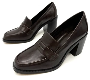 Vince Camuto Womens 9 M 40 CARIGINA Brown Shoes Leather Loafers Block Heel - Picture 1 of 6