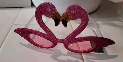Fun Party Glasses Costume Birthday Celebration Hawaii Glittered Pink Flamingos - Image 1 of 4
