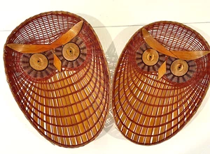 2 Woven Wicker Owl Nesting Baskets Or Wall Hangings Applied Wood Features - Picture 1 of 11
