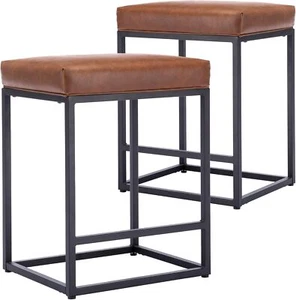 Set of 2 Black 24 Inch Backless Counter Bar Stools PU Leather Seat for Kitchen - Picture 1 of 26