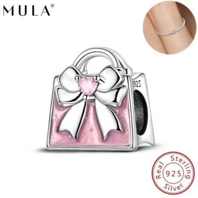 MULA 925 Plata Esterlina Dije Hágalo Usted Mismo Circonita Rosa Love Bow Bolso de Mano Ajuste Mujer Pulsera Foto 1 de 4