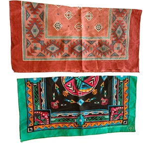 2 Vintage Bandanas Southwest Colorful Made In USA Green Pink - Picture 1 of 7