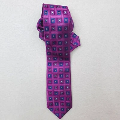 Hickey Freeman 领带男式紫色蓝色丝绸方形几何图案印花 — 第 1/4 张图片
