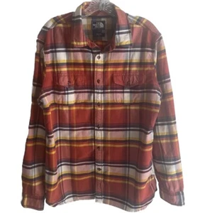 The North Face Flannel Shirt Men Size L Rust Yellow Blk Plaid Button Up Long Slv - Picture 1 of 7