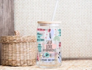 16oz Self Love Affirmation Glass Tumbler With Lid And Glass Straw - Picture 1 of 3