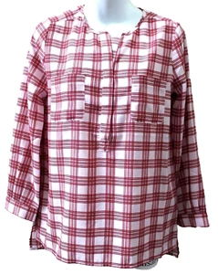 Blusa Top Joie Manga Larga Cuadros Hi-Lo Henley Rosa Talla XS - Imagen 1 de 7