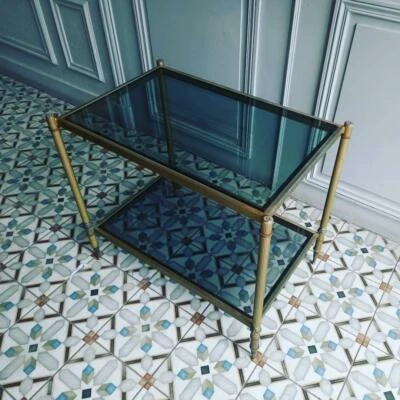 Importante Desserte Laiton rectangle Verre Maison Bagues Jansen Charles 1960 - Photo 1/4