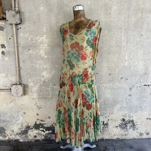 Maxi Vestido Deco Vintage Años 20 30 Verde Arco Iris Estampado Floral Seda Gasa - Imagen 1 de 15
