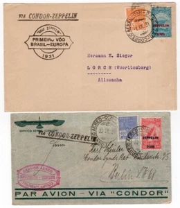 BRAZIL 1931 GRAF ZEPELIN FIRST FLIGHT 2 COVERS to GERMANY FVF - Picture 1 of 1