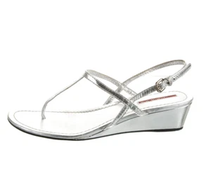 PRADA, Wedge Sandals, Silver Leather, size 38,5 EU / 7.5 AU / 8.5 US was $1,310 - Picture 1 of 5