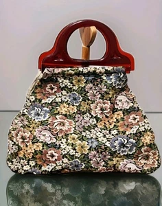 Vintage 70s Large Floral Boho Tapestry Tote Shopping Bag With Plastic Handles - Picture 1 of 4