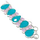 Blue Chalcedony, Pink Jade Gemstone Handmade 925 Sterling Silver Bracelet 7-8"