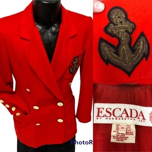 Vtg ESCADA Margaretha Ley RED D/B Wool Jacket NAUTICAL CREST Gold Btn Blazer 36 - Picture 1 of 9