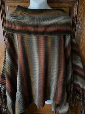 Suéter Two 2 Sisters Marrón Naranja Gris Poncho con Flecos Capa, Talla Única Foto 1 de 4