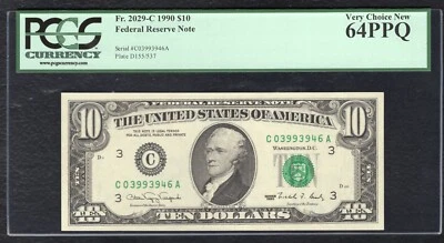 FR. 2029-C 1990 $10 FRN FEDERAL RESERVE NOTE PHILADELPHIA, PA PCGS UNC-64PPQ - Image 1 of 2