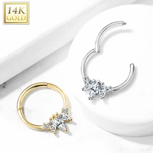 14K Solid Gold 3 Marquise CZ Hinged Hoop Ring Septum Daith Tragus - Picture 1 of 9