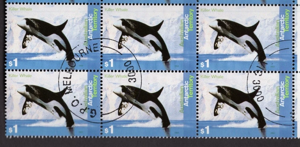 1995 AAT Antarctic Territory $1 Orca Killer Whale CTO Corner Block of 6 - Image 1 of 1