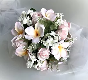 Frangipani Wedding Bouquet Faux Silk Latex Frangipanies Soft pink Roses Gum - Picture 1 of 9