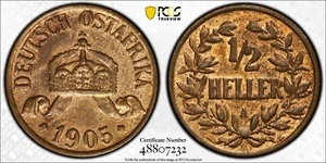 1905-A 1/2 Heller, África Oriental alemana, km de bronce #6 pcgs detalles AU - Imagen 1 de 1