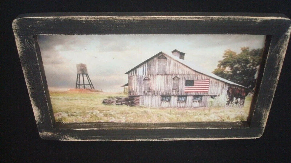 Primitive Country Print "OLD GREY BARN WITH FLAG" 11" x 6" Black Hand Made Frame - Image 1 of 1