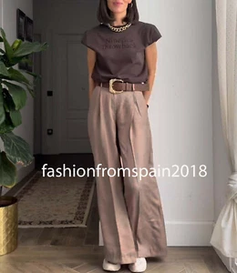 ZARA NEW WOMAN HIGH WAIST SATIN WIDE-LEG BELTED PANTS BROWN TAUPE 9193/556/737 - Picture 1 of 6