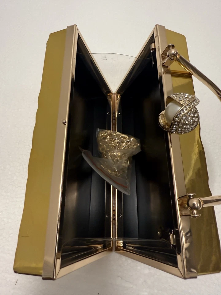 Metal Box Party Handbags for Women Evening Clutch Hand Pouch Shiny Gold Color - Image 1 of 4