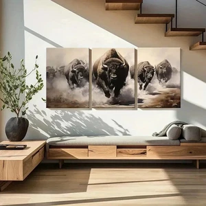 Arte de pared de pintura de animales grupo bisontes para correr lienzo enmarcado 50x70 cm 3 piezas - Imagen 1 de 3