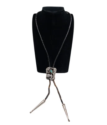 Corbata de cuello bolo vintage de cuero trenzado de cactus diseño mexicano plateada Foto 1 de 4