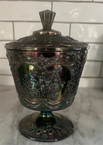 Vintage Fenton Amethyst Carnival Glass Wild Strawberry Candy Jar With Lid - Picture 1 of 12