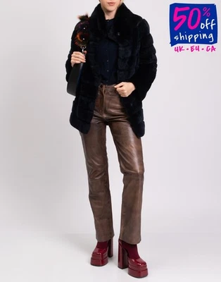 RRP€1680 SWD By SWORD Rabbit Fur Coat IT42 US6 UK10 M Blue Snap High Neck - Image 1 of 4