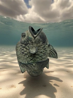 Koi Fish Sculpture In Solid Bronze Japenese Koi Figurine Green Patina Vintage  - Image 1 of 4