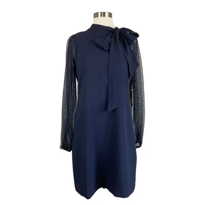 Vince Camuto Women's Cocktail Dress Size 8 Blue Sheer Dot Long Sleeved Shift - Image 1 of 4