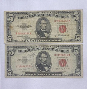 1953 A & B  $ 5 Five Dollar Red Seal Bank Note B99656364A & C31988615A  Lot of 2 - Picture 1 of 2