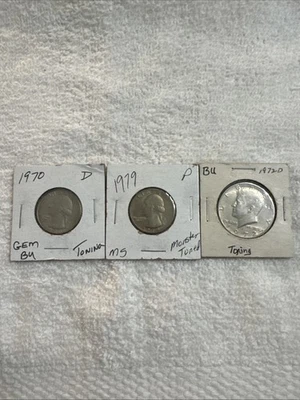 Toned Lot of 3 1970-D&1979-P Washington Quarters &1972-D Kennedy Half-Dollar - Image 1 of 4
