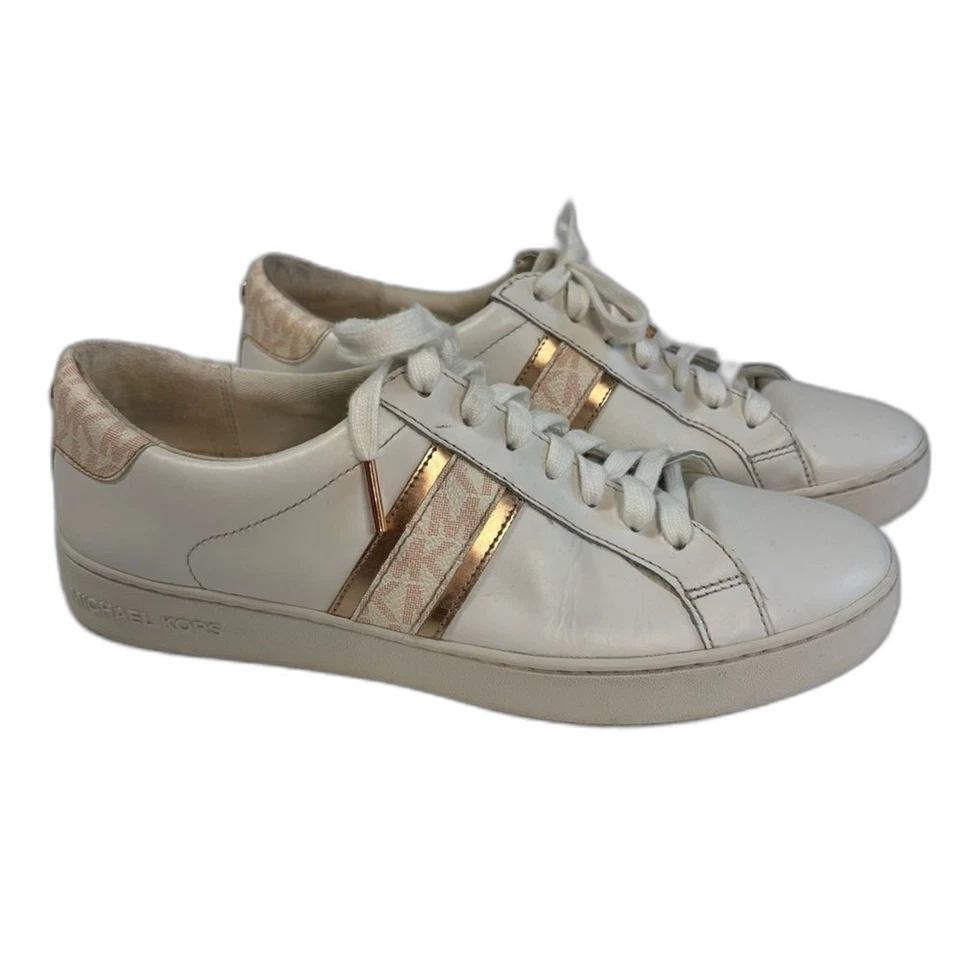 Michael Kors Irving Stripe Lace Up Logo Leather Sneakers White Pink Womens Sz 9 - Image 1 of 4