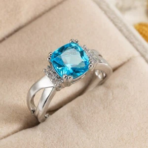 Anillo hueco de boda de plata 925 con topacio azul cuadrado de 8 mm*8 mm para mujer - Imagen 1 de 5