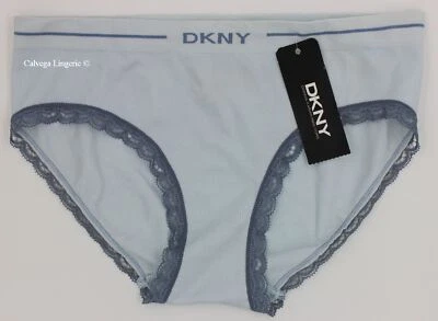NUEVO CON ETIQUETAS DKNY 470669 "Glamoroso" Nailon Sin Costuras Tiro Medio Logo Bikini, Azul, S Foto 1 de 4