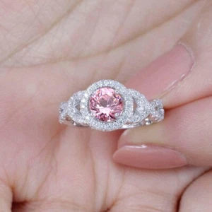 2.0Ct Round Pink Simulate Diamond Engagement Wedding Ring 14K White Gold Plated - Picture 1 of 7