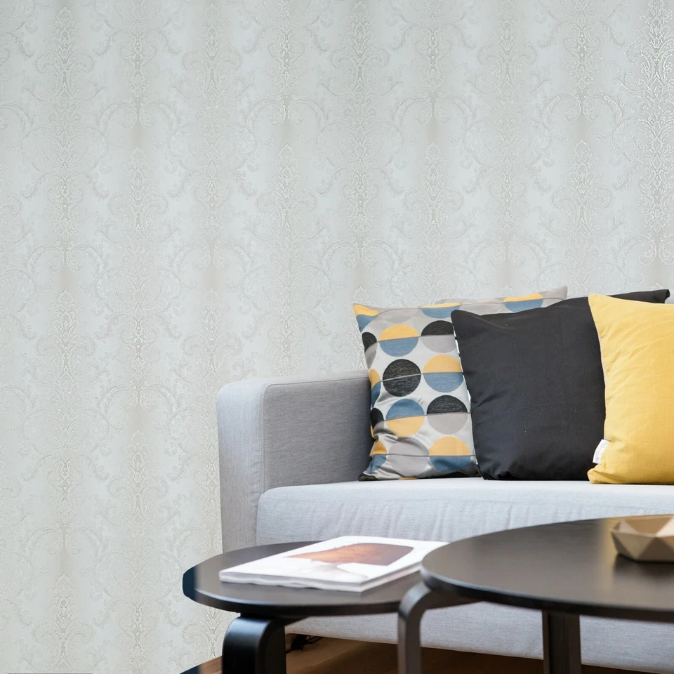 Embossed Wallpaper ombre off White ivory gold metallic textured Victorian damask - Image 1 of 4