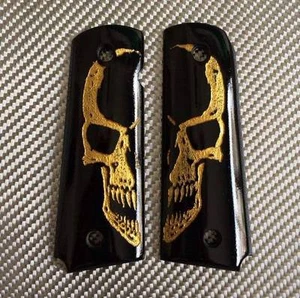 Cool Gold Big Skull Black Resin Grip For Colt 1911 1991 Full Size Kimber Clones - Picture 1 of 3