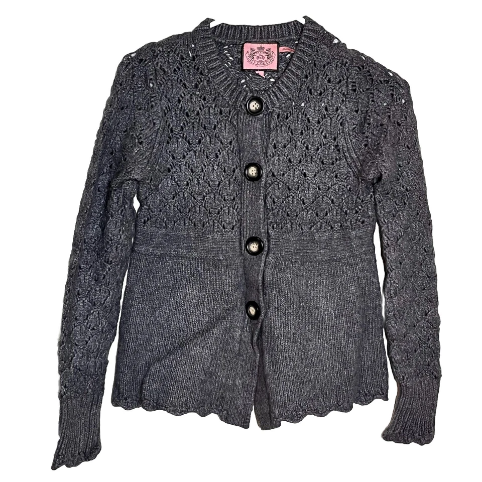Cárdigan Juicy Couture Gris Tejido Abierto Talla Pequeña Retro Puños Acanalados Festoneado Foto 1 de 4