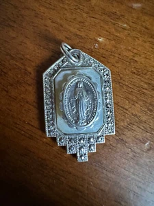 OLD Virgin Mary THEDA Mother of Pearl Marcasite Sterling Silver Necklace Pendant - Picture 1 of 4