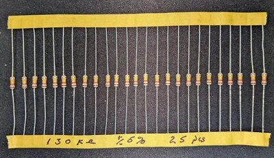 HG 130 K Ohm 1/4 Watt 5% Carbon Film Resistor, (25 pcs) NOS