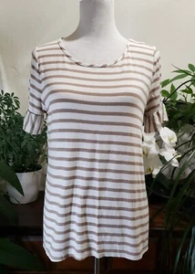Blusa SOBRE VERDE Mujer L Blanca Rayas Campana Mangas Volantes Top Suave EE. UU. - Imagen 1 de 12