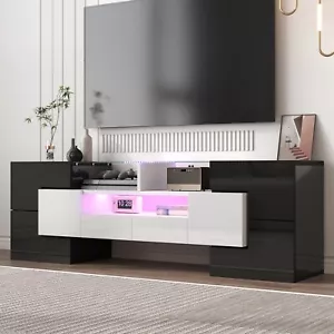 Lowboard TV Schrank mit LED Leuchten Glasböden Fernsehschrank Weiß + Schwarz - Bild 1 von 10