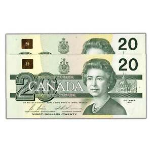 20 $ 1991 billets de la Banque du Canada préfixe EVC avec BPN BC-58d - 2 consécutifs - Ch UNC