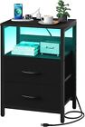 Nightstand with Charging Station, LED Night Stand with Fabric Drawers an Shelf