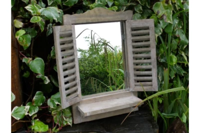 Wooden Garden Mirror Rustic Distressed Brown with Shutters & Decorative Shelf - Image 1 of 3