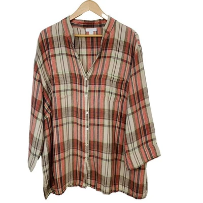 Blusa Charter Club Mujer 24W Lino Botón Frontal Cuadros Túnica Viaje Neutro Foto 1 de 4